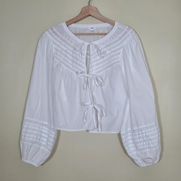Aerie Peasant Blouse Womens L White Long Puff Sleeves 3 Ties Front Cotton Boho - Picture 15 of 16